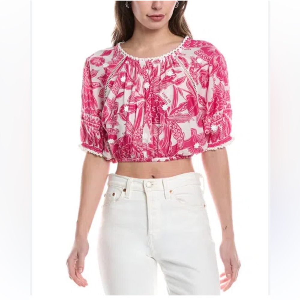 FARM Rio Hot Pink & White Floral Cropped Peasant Top